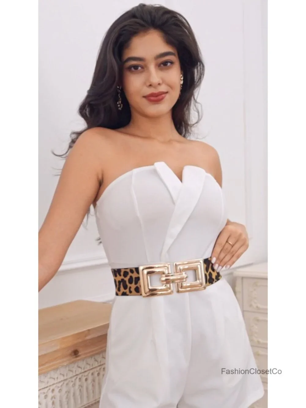 Wide Elastic Leopard Print Belt with Square Buckle